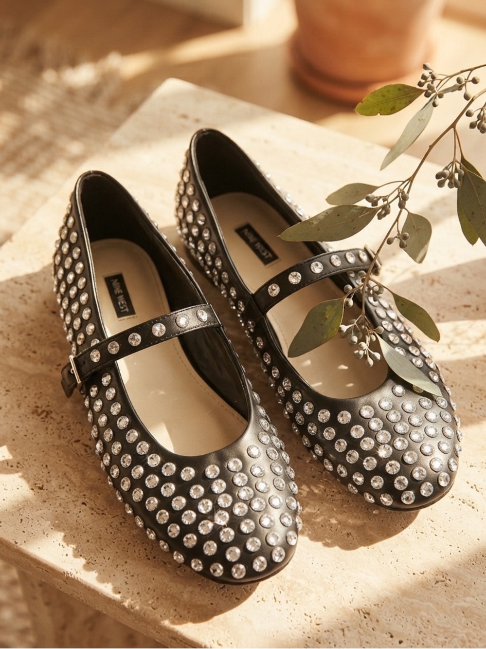 Nine West Black Mary Jane Flats with Crystal Studs